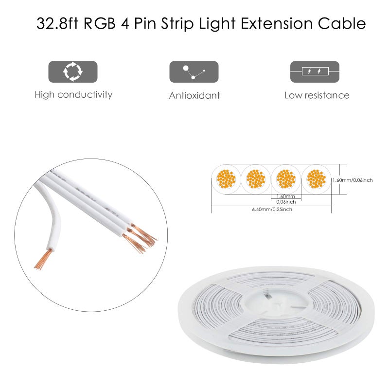 RGBZONE 10m/33ft 22AWG 4pin LED Light Strip Cable Cord, LED Electric Wire 22 Gauge, Conductor Extension Cable Line Cord for RGB LED Strip 5050 3528, PVC Plastic Flexible(White) - Image 2